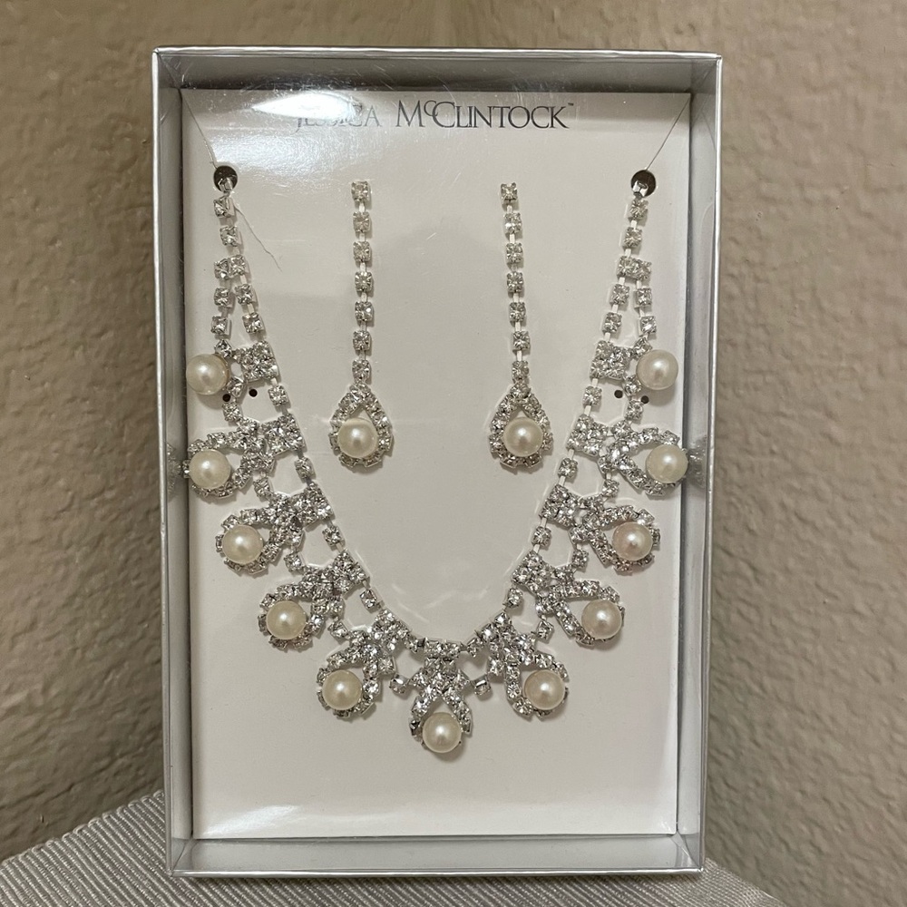 Pearl and Rhinestone Necklace & Earrings Set
